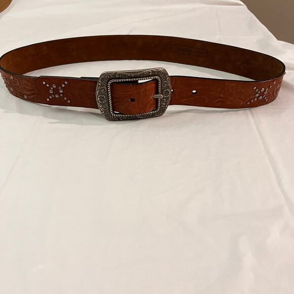 Fossil Belt Size S Brown Genuine  Leather Tooled Studded Western Boho Buckle - Picture 11 of 15